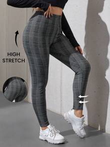 SHEIN Essnce Plus Plaid Print Leggings - Grey - View 1