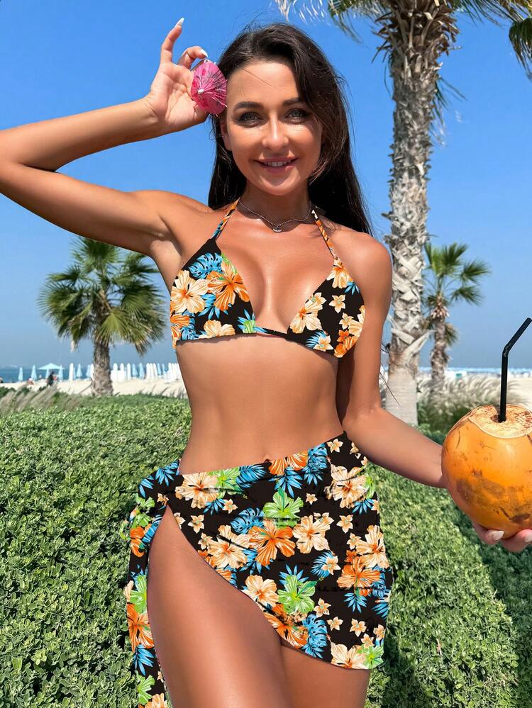 Women Tropical Plant Print Halter Neck Simple Fashion Bikini Set, Paired With Cover Up Skirt For Holiday Summer