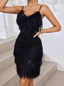 SHEIN Belle Elegant, Gorgeous, Sexy, Exquisite And Charming, Fashionable And Popular Women's Classic Black Sequin Stitching Layered Feather Tassels Decorated Spaghetti Straps V Tie Breast Pads Gathered Anti-Exposure High Waist Tight Hip-Hugging Curve Mini Dress, Suitable For Music Festivals, Graduation Ceremonies, Proms, Date Parties, Cocktails Meeting.