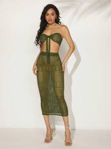 Hauture Women Solid Color Knitted See-Through Cropped Tube Top And Skirt Two Pieces Set - Olive Green - View 5