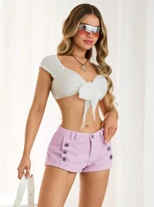 SHEIN ICON Y2k Summer Outfits Fashionable Solid Color Button Summer Low Rise Pink Corduroy Shorts - Pink - View 5