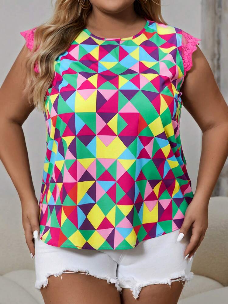 Plus Size Embroidered Mesh Panel Blouse With Knot Back
