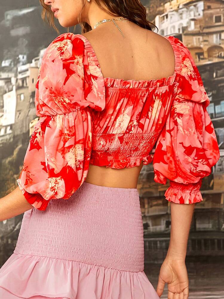 Women's Vacation Summer Romantic Pastoral Adorable Girly Sense Orange Vivid Watercolor Gradient Floral Print Puff Sleeve Elastic Short Blouse