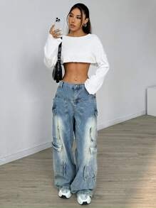SHEIN EZwear تي شيرت قصير الأكمام الرقيق المشبك اليابس الجنسي الذي يتميز بالتهوية وحماية من أشعة الشمس لربيع / صيف - أبيض - مشاهدة 4