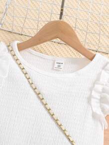 Tween Girl Ruffle Armhole Texture Top And Pleated Skirt Set For Summer,Holiday,Summer,Travel - White - View 5