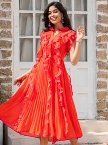 Women's Fashionable V-Neck Ruffled Trim Summer Dress - Orange - View 1