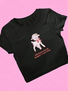 SHEIN EZwear Mỹ Phong Cách Retro Chữ Cái In Họa Tiết Họa Tiết Cổ Tròn Tay Ngắn Thông Thường, Bé Tee Nữ - màu đen - Xem 1