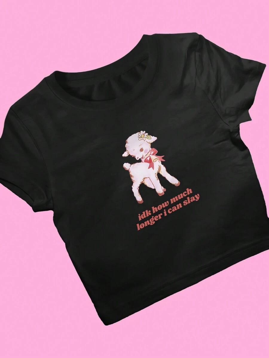 SHEIN EZwear Mỹ Phong Cách Retro Chữ Cái In Họa Tiết Họa Tiết Cổ Tròn Tay Ngắn Thông Thường, Bé Tee Nữ - màu đen - Xem 1