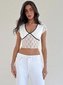 Aloruh Women Tight Black And Contrast Lace Deep V-Neck Mesh Top - White - View 5