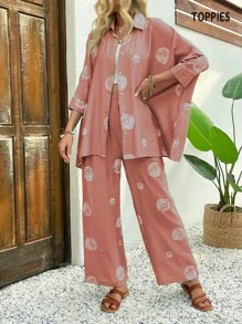 Floral Print Oversized Shirt & Pants Sets Women Pink 2 Pieces Vacation Set