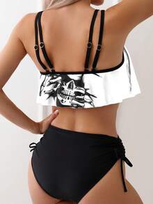 SHEIN Swim 夏季沙灘女性假期沙灘坦克泳裝套裝，混紡紗頭部帶有骷髏印花，純色束腰側三角泳裝下身 - 白色 - 查看 2