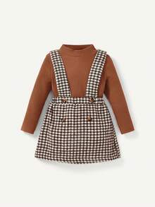 Cozy Pixies Baby Girl Mock Neck Tee & Houndstooth Print Suspender Skirt - Brown - View 4