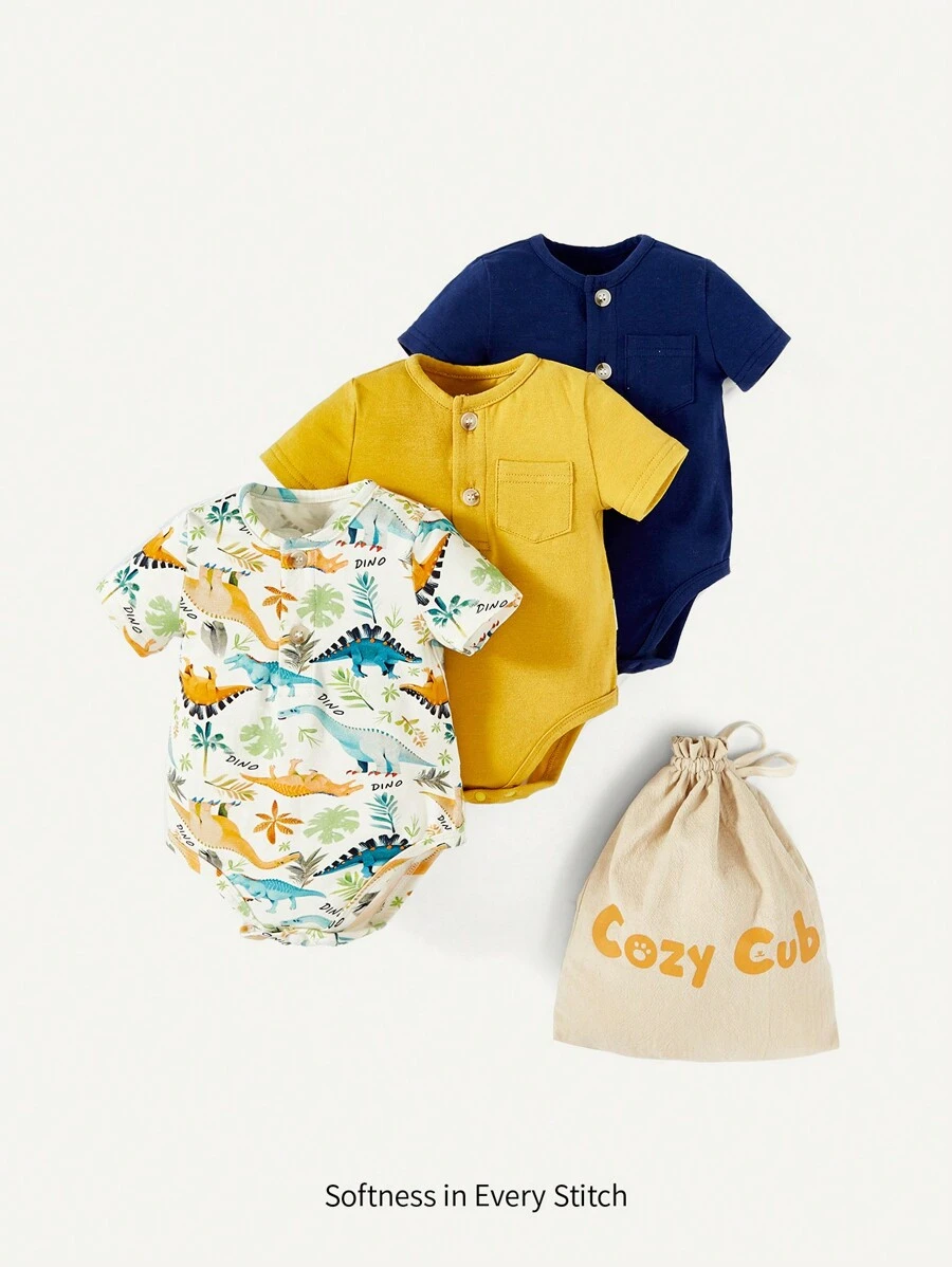 Cozy Pixies Bé trai sơ sinh 3pcs Placket nửa nút Áo liền quần chặt Với 1 Miếng Túi bảo quản - Nhiều màu - Xem 1