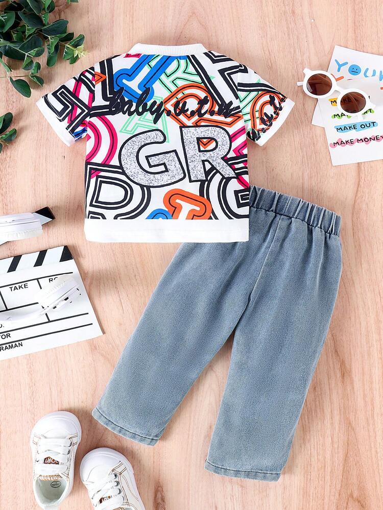 Baby Boy Summer Letter Print Short Sleeve Sports T-Shirt And Casual Denim-Effect Print Pants Outfits