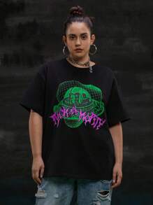 Rick and Morty X SHEIN Maglietta in cotone nero morbido e casual con grafica in lettere e numeri, taglio largo, leggero e traspirante per l'estate, taglia comoda