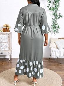 SHEIN Clasi Plus Size Spring Summer Casual Polka Dot Printed Patchwork Ruffle Hem Shirt Dress - Multicolor - View 2