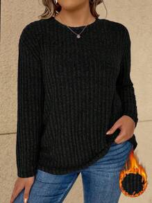 Vionelle Plus Drop Shoulder Rib-Knit Tee Fall Cloth For Women - Black - View 5