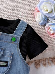 Babymeisje zomer effen kleur T-shirt met ronde hals, korte mouwen en jarretelles met hartjesprint Casual outfit
