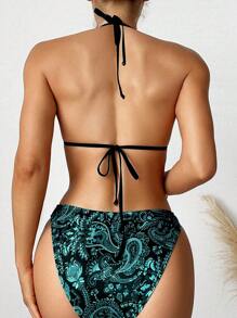 SHEIN Swim Summer Women Sexy Paisley Print Halter Neck Tie Backless Bikini Set