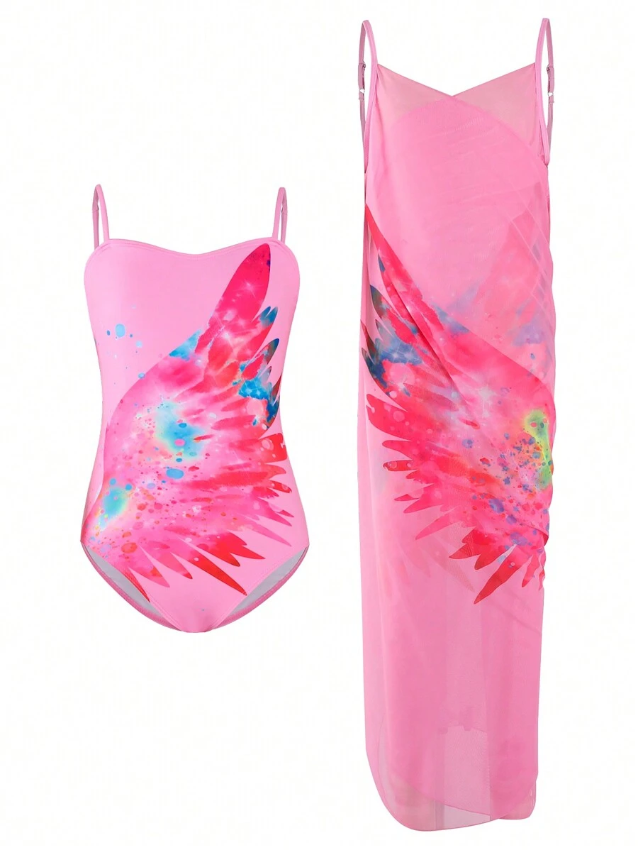 補間女孩翅膀印花夏季海灘吊帶連身泳衣和網布罩衫 - 粉色 - 查看 1