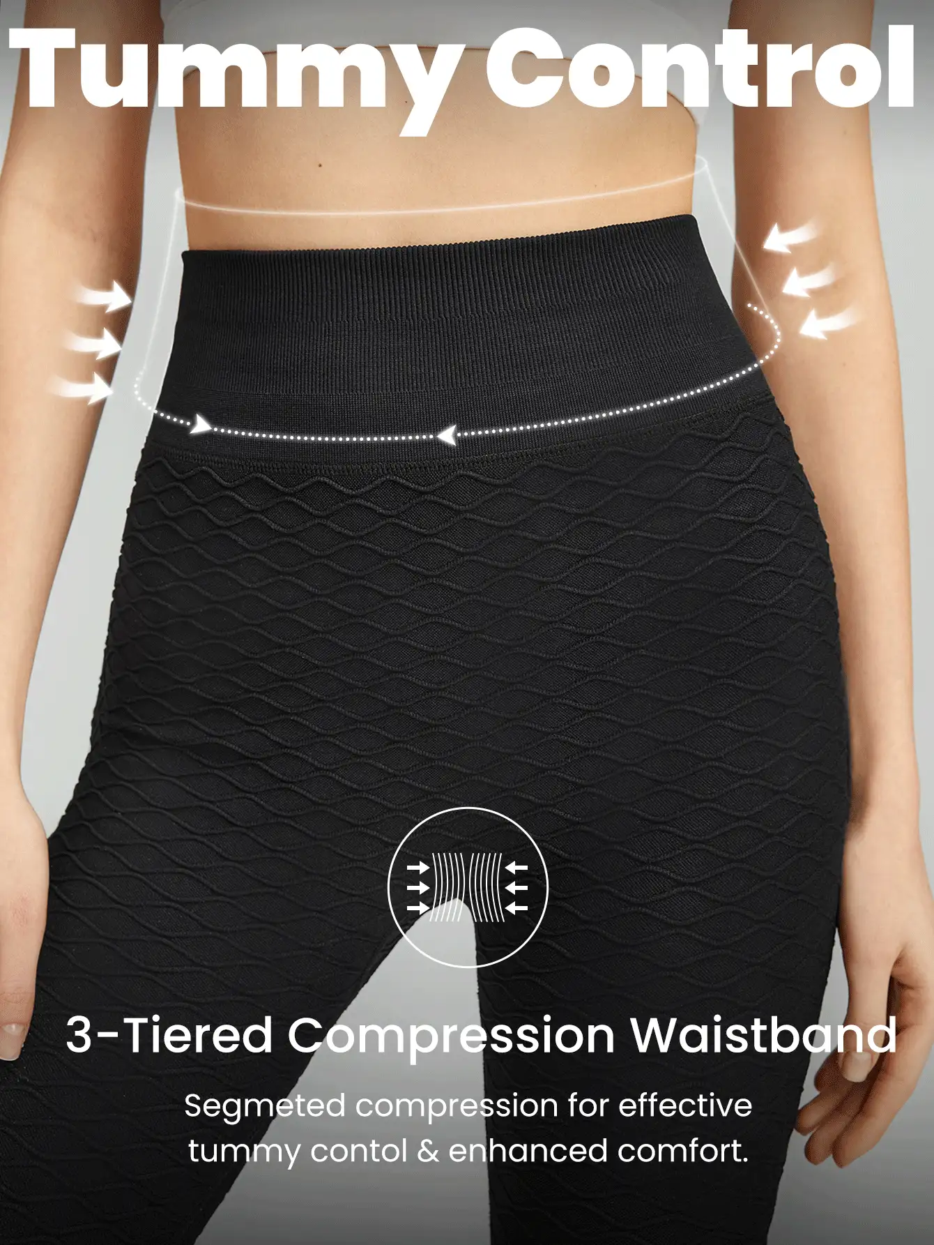 GLOWMODE 24" Seamless Honeycomb Pattern High-Waist Tummy Control Leggings Light Support Yoga Studio Gym Daily - Black - View 3