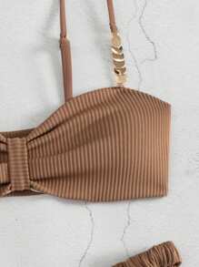 Swim Mod Solid Color Textured Special Fabric With Sparkle Decoration Chest Fold Bikini , Summer Beach - Coffee Brown - View 3