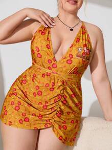 THE POWERPUFF GIRLS X SHEIN Maillot de bain 1 pièce avec dos croisé et sans dos, avec jupe cache-maillot, grande taille, été - Multicolore - Voir 1
