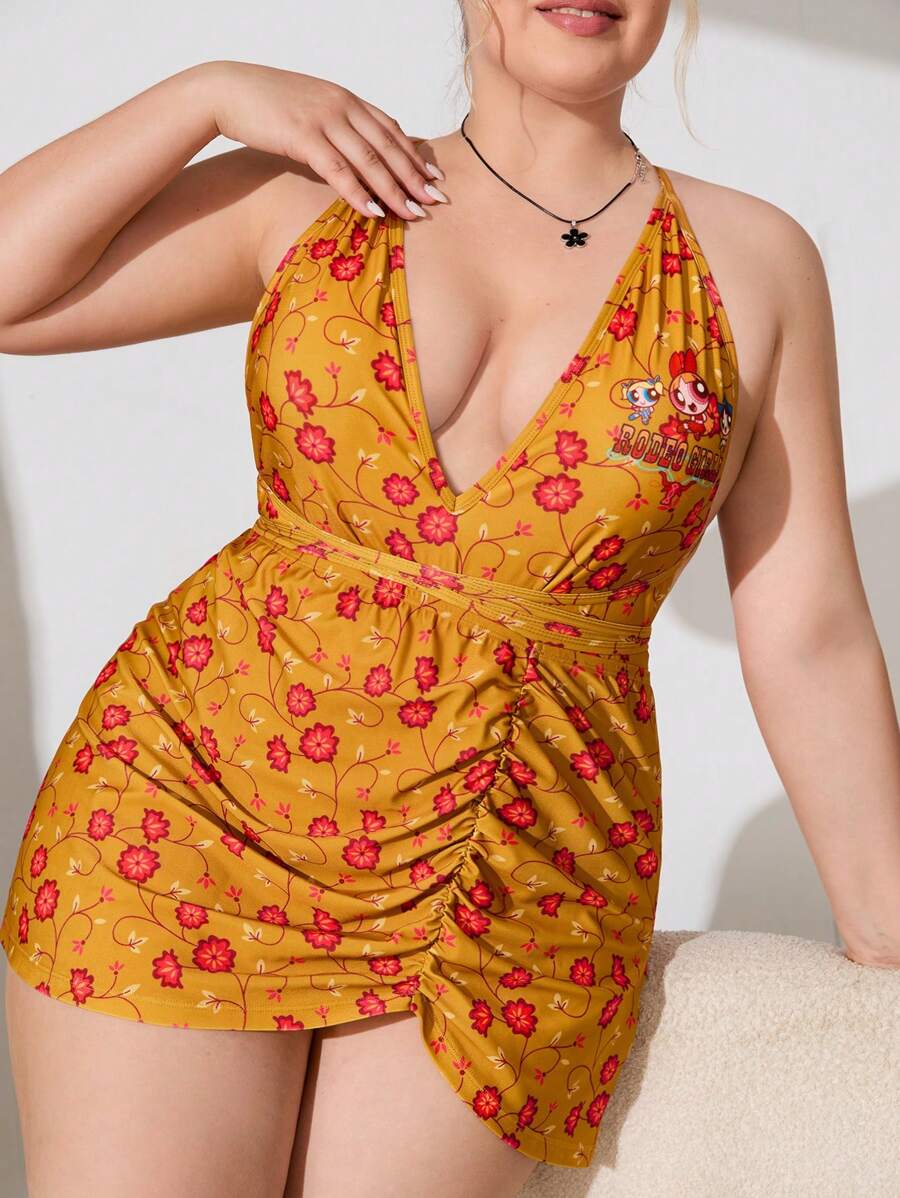 THE POWERPUFF GIRLS X SHEIN Maillot de bain 1 pièce avec dos croisé et sans dos, avec jupe cache-maillot, grande taille, été - Multicolore - Voir 1