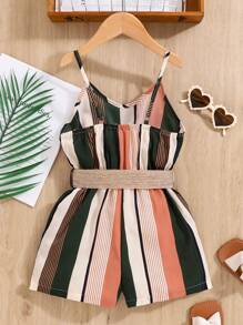少女時尚條紋腰帶吊帶連體褲，適用於夏季假期 - 彩色 - 查看 2