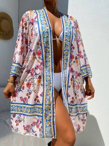 SHEIN Swim 女士花卉印花寬鬆夏季假期和服，定位印花款 - 彩色 - 查看 7