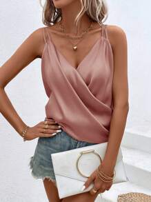 SHEIN Clasi Women Summer Casual Solid Color Wrap V-Neck Camisole Top - Pink - View 1
