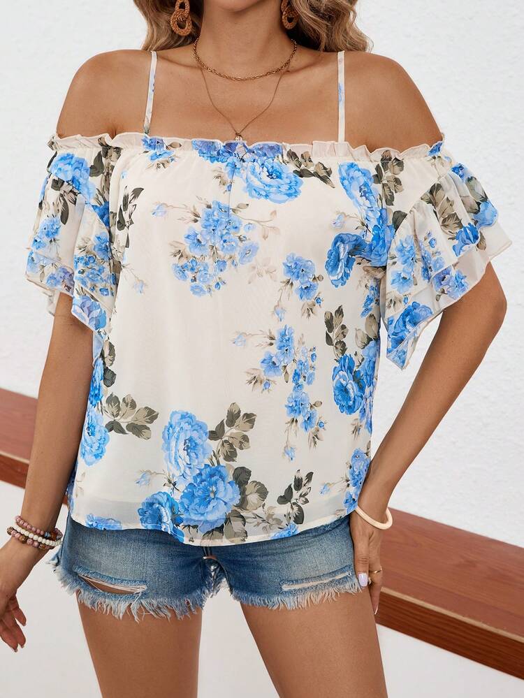 Holiday Leisure Flower Print Shoulder-Baring Camisole Top With Ruffled Hem