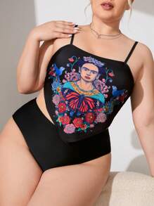 Frida Kahlo X SHEIN Plus Size Knitted Casual Figure And Floral Print Bikini Set, Summer - Black - View 5