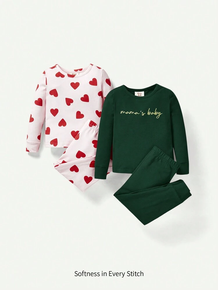Baby Girl Snug Fit Pajama Set, Including Round Collar, Regular Sleeve Top And Full Length Pants With Heart-Shaped Prints, 4pcs/Set