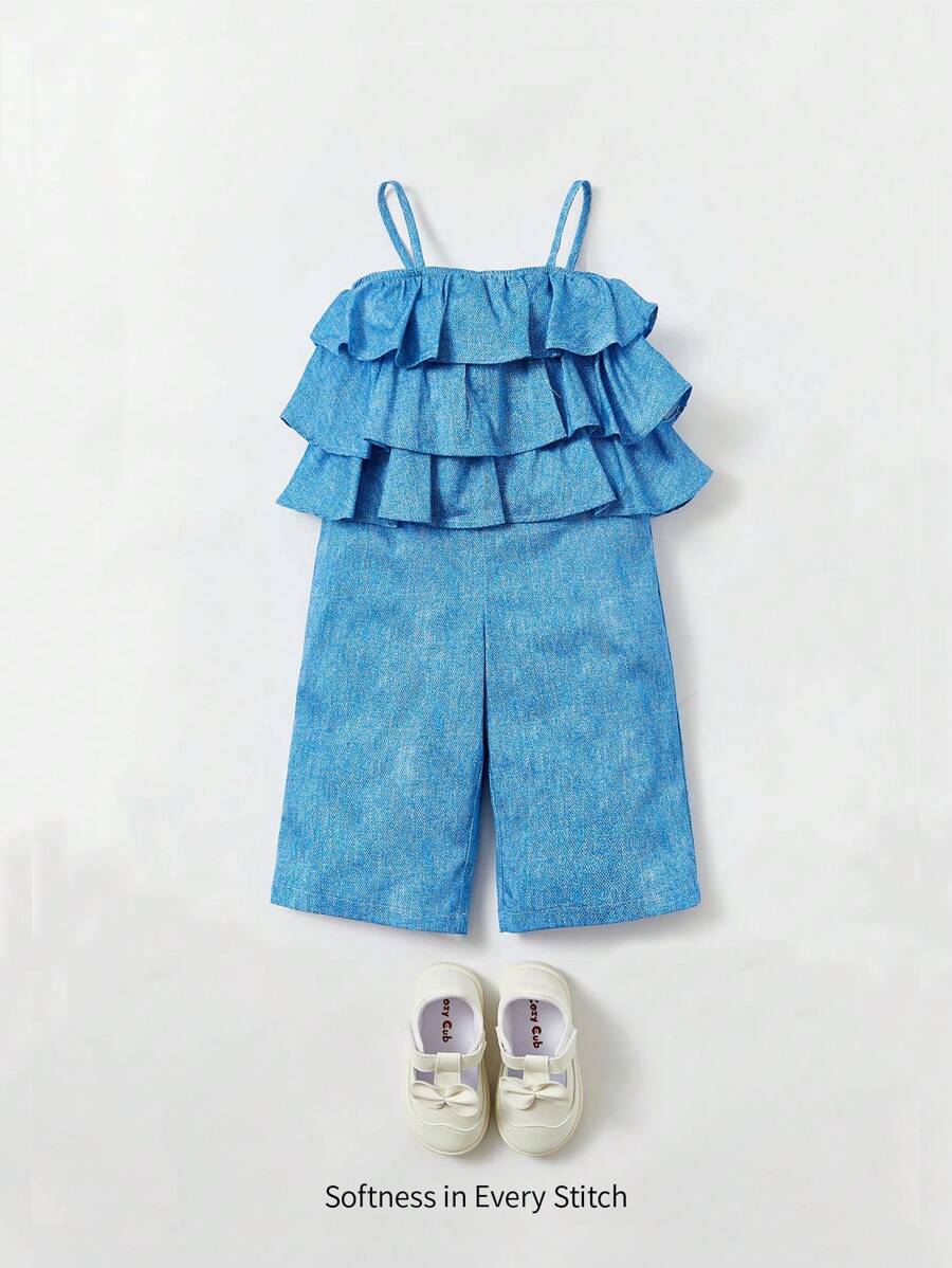 Baby Ruffle Trim Cami Jumpsuit - Mint Blue - View 1