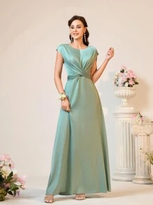 SHEIN Belle Vestito formale elegante per damigelle / laurea / sera verde salvia in raso taglia donna con spalle scoperte, fiocco incrociato sul petto e nastrini - Verde - Visualizzare 6