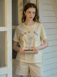 Simple Retro Angel Print Casual Round Neck Short Sleeve T-Shirt - Beige - View 7