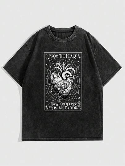 Goth Vintage Short Sleeve T-Shirt With Distressed, Heart, Spiderweb And Letter Print For Valentine's Day, Washed, Round Neck And Loose Fit