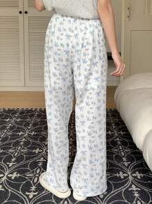 DAZY Dames slaapbroekje met schattig konijntje en kleine bloemprint