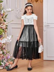 SHEIN 少女鑲有蝴蝶圖案的露肩T恤和網紗裙 - 黑與白 - 查看 4
