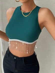 SHEIN Privé Women Fringed Solid Color Casual Tank Top For Music Festivals - Green - View 3
