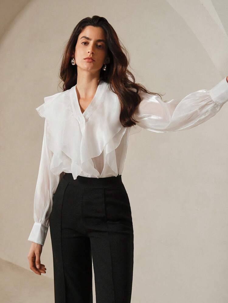 Multi-Layered Perspective Material Shirt With Ruffle, Bubble Sleeve, V-Neck, White, Elegant And Romantic City Style