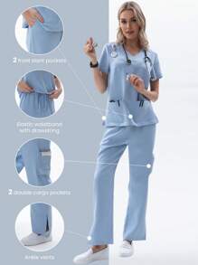 TaskEZ Conjunto de uniforme de enfermera de 2 piezas para mujer con parte superior de cuello en V elástica y fresca, y pantalón cargo, conjunto de uniforme de enfermera de verano con parte superior de manga corta y pantalón dividido - Azul - Ver 3