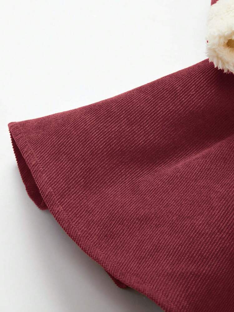 Baby Girl Borg Collar Belted Corduroy Dress With Hat