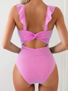 SHEIN Swim Summer Beach Women Vacation Striped Simple Casual One Piece Swimsuit With Ruffled Hem - Multicolor - View 2