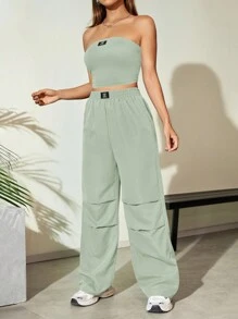 Conjunto de 2 piezas de top tubo y pantalones de pernera ancha de unicolor casual y de moda para mujer en verano - verde menta - Ver 5