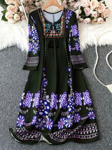 SHEIN Holidaya Đầm dáng rộng cho nữ có in hoa ngẫu nhiên, viền cổ chữ V có tua rua cho kỳ nghỉ mùa xuân và mùa hè - Màu tím  Violet - Xem 1