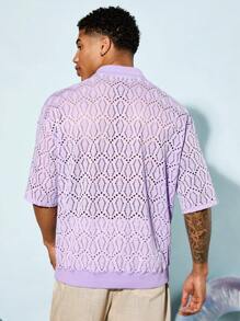 Manfinity VCAY 男士輕盈透氣針織超大號紫色鏤空領純色波西米亞 Polo 衫適合海灘度假夏季 - 紫色 - 查看 2