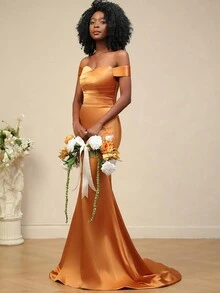 長款美人魚款燒橙色伴娘禮服婚禮派對裙