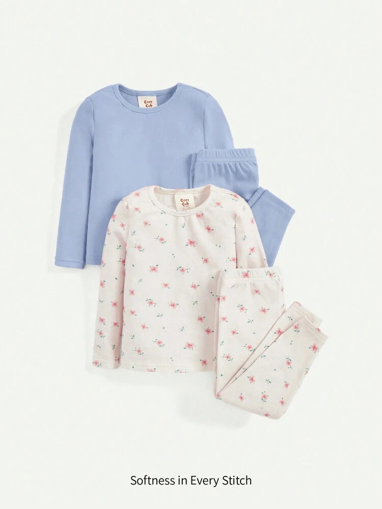 Baby Girl Snug Fit Casual Style Round Neck Top And Long Pants Pajamas Set, 4pcs Matching Set